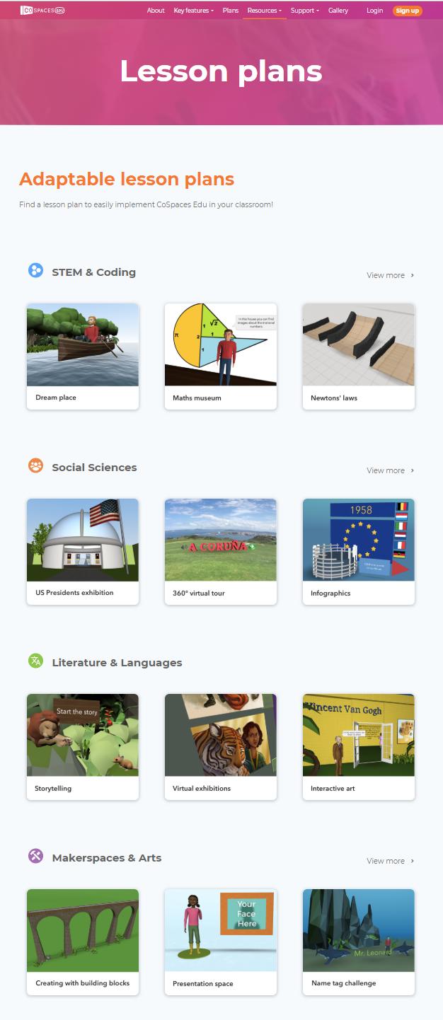 Lesson plans The CoSpaces Edu website also offers many lesson plans that can be easily adapted. The Lesson plans page available on cospaces.