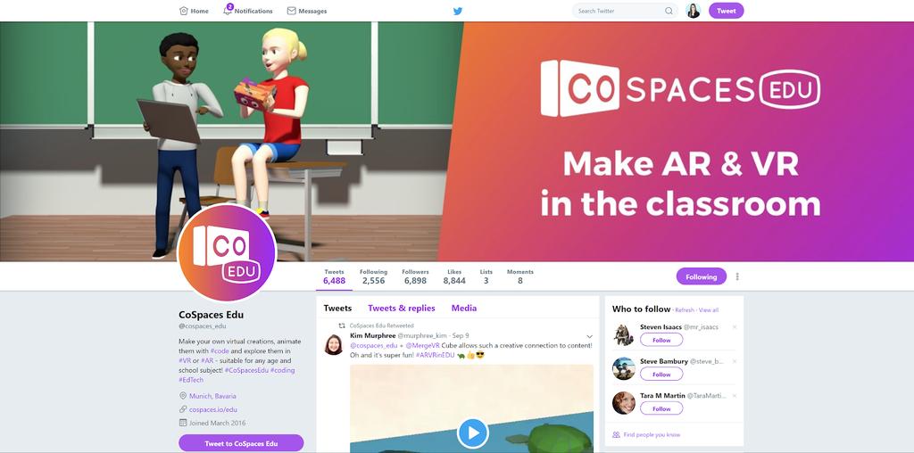 The CoSpaces Edu Twitter channel is a mix of company announcements and featured posts showing how educators use CoSpaces Edu around the