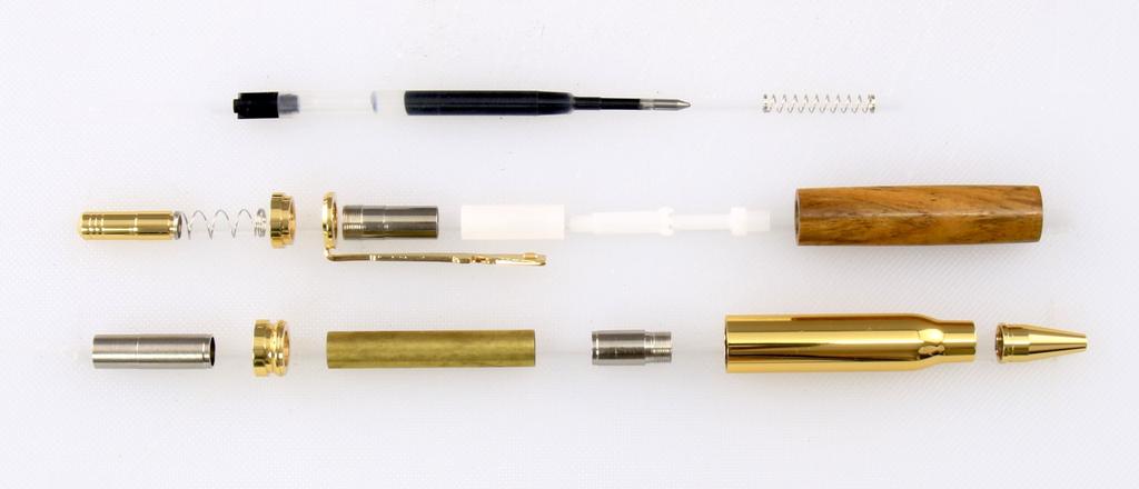 Assembly of the Finished Pen: Parker Style Ink Refill Plunger Cap Clip Upper Click Mechanism Parts Upper or Top Tube (Longer) Band or Bottom Tube Cartridge Now that you have turned and finished the