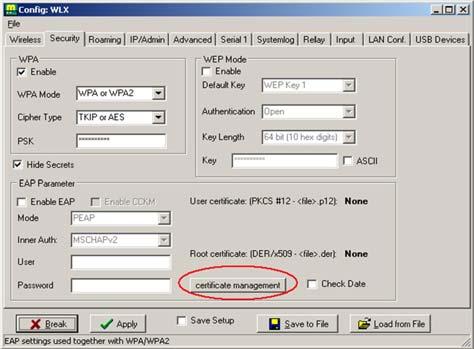 3.4.2 Certificate management If certificates are required, they must be stored in the radio modem. With the button certificate management you get to a dialog where the certificates can be selected.