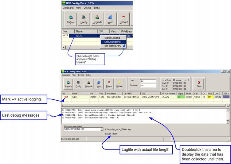 Figure 15 UCP-Config-program with active logfile recording The recorded logfiles are exclusively meant for passing them to the system programmer that can make an analysis.