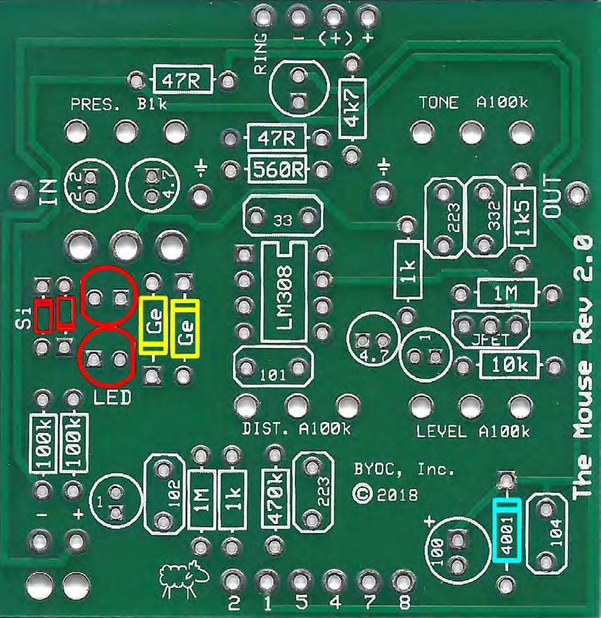 Step 2: Add the diodes. Be sure to match the end of the diodes with the stripe to the layout on the PCB. The striped end should go in the square solder pad. At the same time, add the two LEDs.