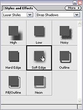 First, in the Layers palette, click on the name of the layer you want to work on. Then from the Styles and Effects palette, choose Layer Styles from the left pull-down menu.
