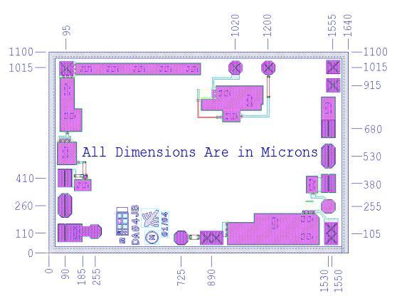 Die size, pad locations, and pad descriptions Chip size: 1640x1100um (64.6x43.3mil) Chip size tolerance: ±5um (0.2mil) Chip thickness: 100 ±10um (4 ±0.4mil) Pad dimensions: 80x80um (3.1x3.