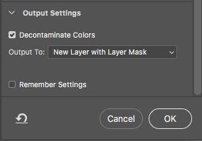 k. Click Decontaminate Colors, this should trigger the Output To create a New Layer with Layer Mask from your selection. Then Click OK CS6/ Early Release CC f. Click The Refine Edge Button g.