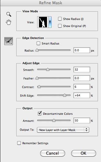 m. Experiment with Adjust Edge n. In the Output Box, check Decontaminate Colors and set the Output To: New Layer with Layer Mask o. Click OK p.
