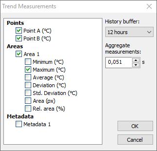 Real-time trends can be built by the following objects and their values: Points: value. Lines: minimum, maximum and average temperature values, deviation.