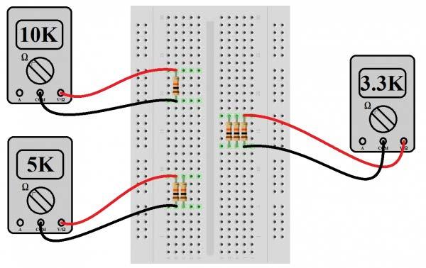 Resistors in Parallel Now try resistors in a parallel configuration. Place one 10kΩ resistor in the breadboard as before.