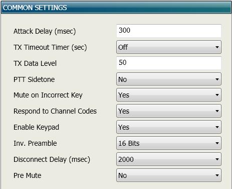 Common Settings Menu: Attack Delay (msec): The period of time from when the user keys the radio and the data begins to be transmitted.