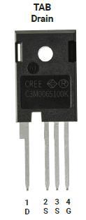 Figure 40. Cree s C3M0065100K in a TO-247-4 Package Cree s C3M 1000V, 65mΩ, C3M0065100K MOSFET come in a 4pin package with a separate pin for gate driver source connections as shown in Figure 40.