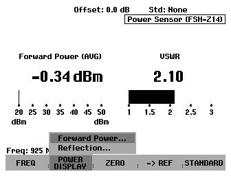 Measuring forward and reflected power R&S FSH Selecting the unit for the power readout The R&S FSH displays the measured forward power as a logarithmic level value in dbm (relative value) or as a