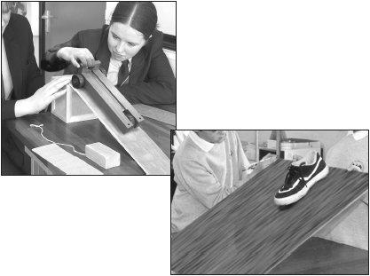 3. The photographs below show pupils investigating the movement of objects on ramps.