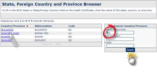 The user can narrow the search by entering the first few letters of the State or Country in the Country/Providence search field, then click Search (Figure 10).
