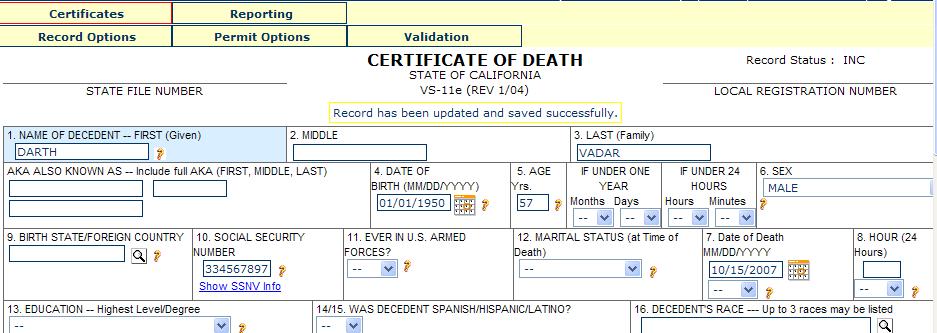 Figure 33 Print Working Copy Figure 34 The Print Working Copy option creates a PDF file of the death certificate (form VS- 11e) displaying the information saved in the database