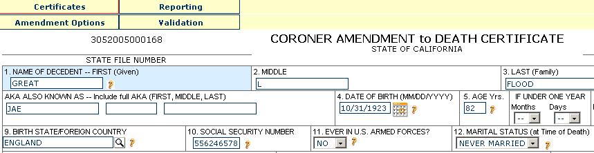Figure 48 The Amendment Options menu will only appear after the death certificate has been registered.