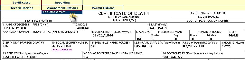 When the death certificate record opens, go to Amendment Options and select Find Amendment (Figure 51).