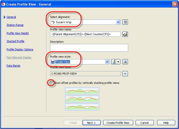 Alignments and Profiles 5. In the Create Profile View wizard, select Susan s Way as the desired alignment and use the Profile View style. Select the Show offset Next button.