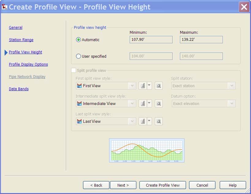 Alignments and Profiles The User Specified option enables you to assign specific minimum and maximum heights to the profile view.