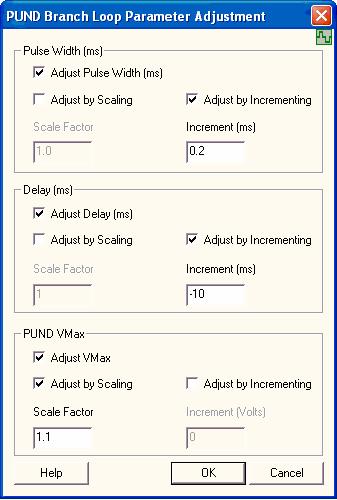 Figure B.8.1 - Branch Loop PUND Parameter Adjustment Configuration Dialog. B.9 - Controls Name Type Default Description Adjust Pulse Check Unchecked Enables the adjustment of the PUND Pulse Width in a Branch Loop.