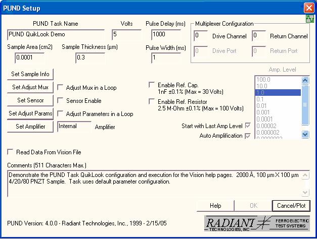 Figure E.2.2 - PUND Configuration Dialog Recalled from a DataSet Archive. Most of the controls of the dialog are disabled. They are presented here for configuration review.