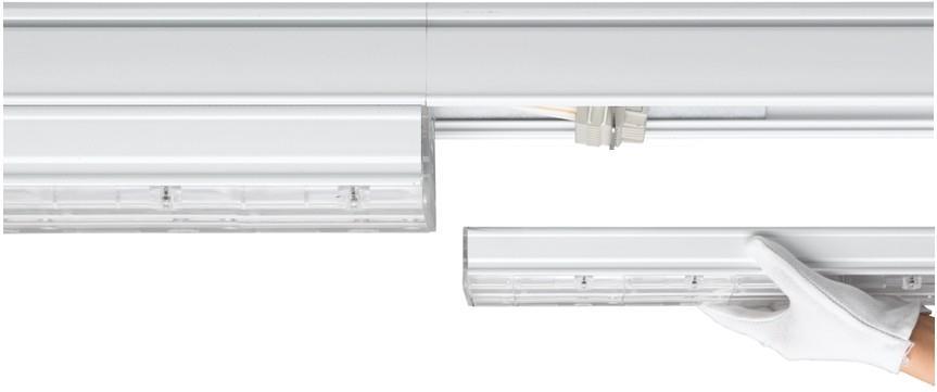 Easy Lamp Mounting The LED linear trunking system are simple mounting. All system components, trunking rail and luminaire inserts are perfectly matched according to 1416mm/570mm system dimensions.