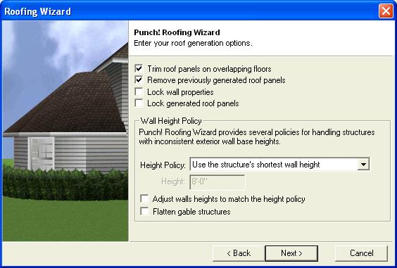 When you first start the Roofing Wizard, an automated Roofing Wizard appears to guide you through the process of designing a roof for your home plan or you can launch the automated Roofing Wizard