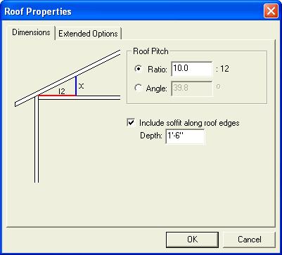 2 (optional) On the Dimensions tab, choose Ratio or Angle in the Roof Pitch section, then enter a value in the corresponding text box.