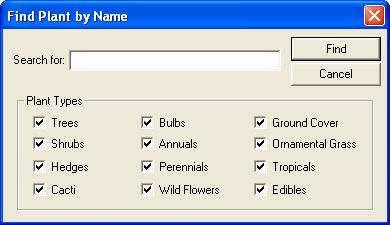 2 At the top of the Preview Bar, click the down arrow next to Plants to display the plant category menu, then click Find Plant by Name. The Find Plant by Name dialog box is displayed.