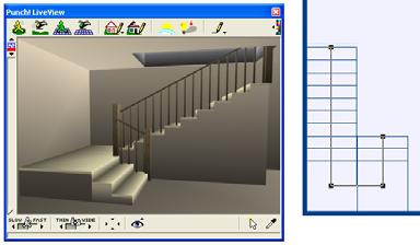 2 Click on the design window to define the start point of the staircase. A rubber-band staircase, with dimensions, is displayed and follows the pointer.