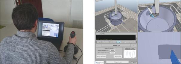 Human Factors Issues for the Design of a Cobotic System 383 Fig. 4 Picture and screenshot of the mockup realized for the cleaning tank project simulated robot: a joystick, a haptic device, etc. (Fig.