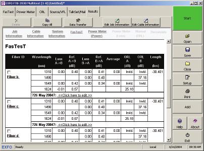 Standard Data Reporting Features When used in the FTB-500 platform, the FTB-3930 s software automatically sets up test data in an easy-to-read, well-organized table.