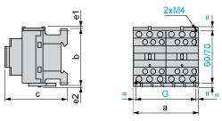 Product datasheet Dimensions Drawings LC2D09BL Dimensions LC2 or 2 x LC1 a b c (1) e1 e2 G D09 to D18 (AC) 90 77 86 4 1.5 80 D093 to D123 (AC) 90 99 86 80 D09 to D18 (DC) 90 77 95 4 1.