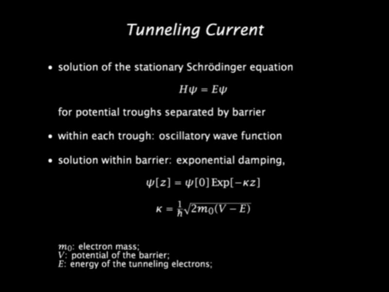 Tunneling Current solution of the stationary Schrödinger equation H = E for potential troughs separated by barrier within each trough: oscillatory wave function
