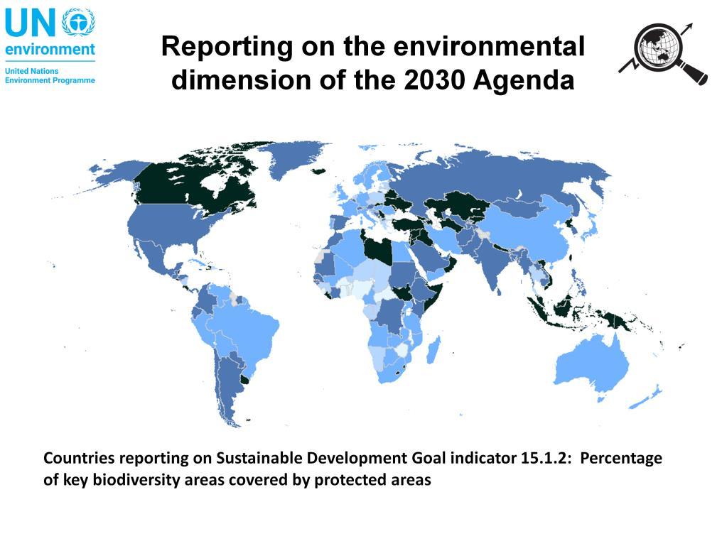 This map shows an overview of countries that reported on the percentage of key biodiversity areas covered by protected areas (Sustainable Development Goal indicator 15.1.2).