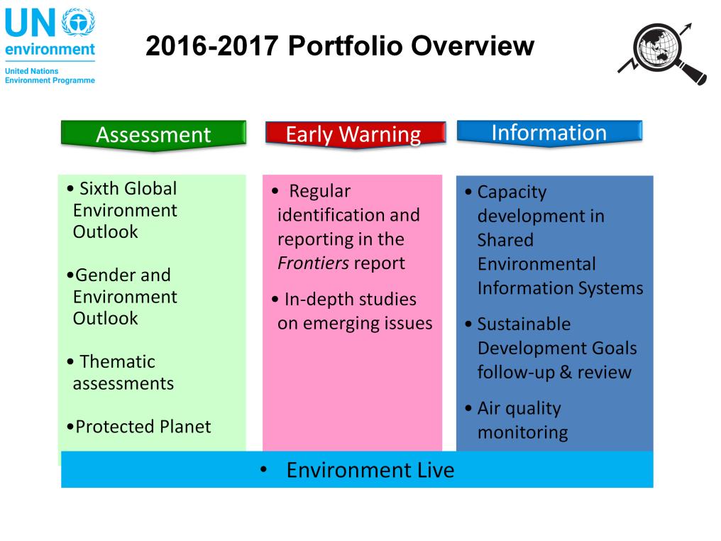 Coming back to 2017, our current portfolio is structured as follows: - A workstream on data, information and assessments - Our work on emerging issues relevant to the environment - Capacity