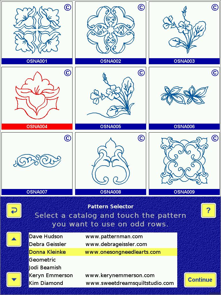 Select Pantograph Pattern The names of available pattern catalogs are listed in the window.