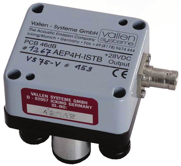 The AEP4H-ISTB can accommodate a VS30-V or VS75-V sensor (spring loaded). The integrated sensor-to-preamplifier cable is well protected against EMI (electromagnetic interference).