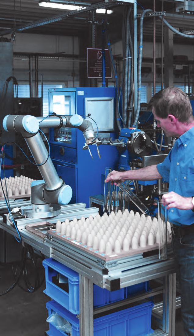 FOR COMPANIES OF ALL SIZES Collaborative robot arms like those from Universal Robots are making the once-costly benefits of robotic technology affordable for companies of any size, including small