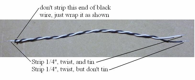 Figure 3-Preparing the 9" black/white twisted pair for the briding harness 5. Cut one lead of the 20K resistor to 3/8 length.