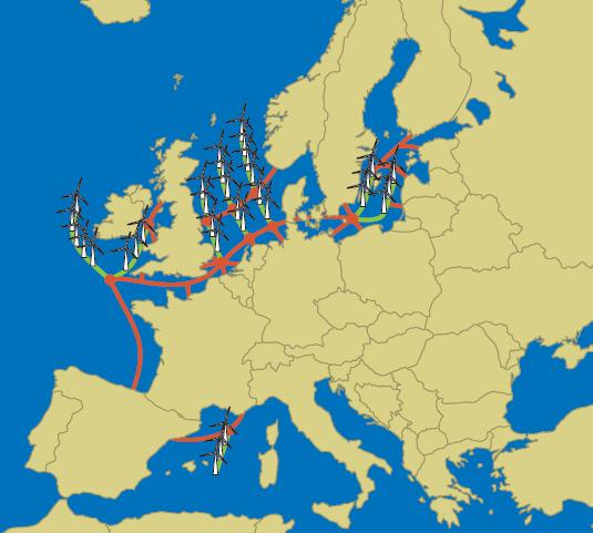 Another project proposal is shown in Figure 1.7. It is based on a supergrid, consisting of VSC-MTDC, connecting and integrating different separated wind farms across Europe.