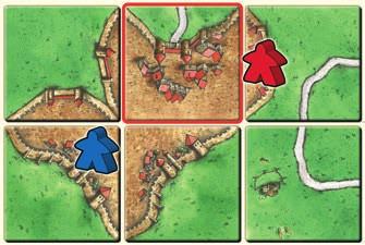 The order must always be as follows: Red scores 4 points. 1. Complete a road, a city or a monastery with the new tile. 2. Place a thief, knight or monk. 3. Score the completed road, city or monastery.