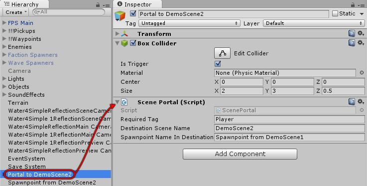 Scene Portals To set up a transition to another scene, drag the Scene Portal prefab from the Prefabs folder into your scene, or add a GameObject with a trigger collider and add a Scene Portal