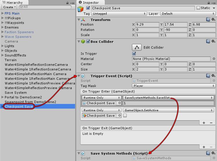 Checkpoint Saves To set up a checkpoint save trigger, drag the Checkpoint Save prefab from the Prefabs folder into the scene, or add a GameObject with a trigger collider and add Trigger Event and