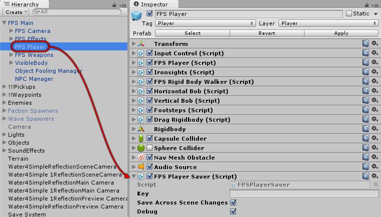 Chapter 2: Configuration Follow the steps in this chapter to set up your project with the Save System for RFPSP. In each scene, make these changes: FPS Player Inspect FPS Main > FPS Player.