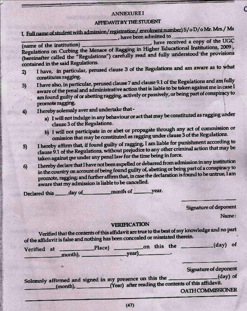 Anti-Ragging Affidavit by the Student on Rs