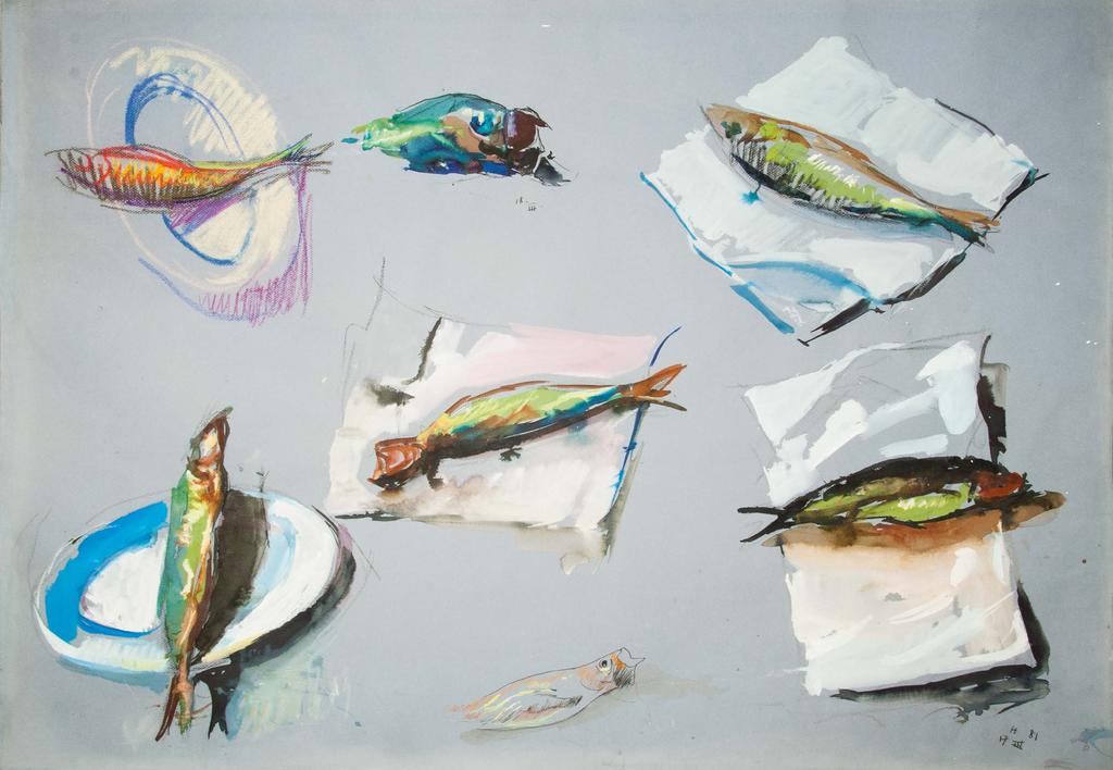 Assiettes aux poissons, 1981, encre, aquarelle, gouache et