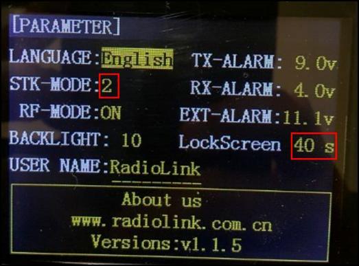 strength on the screen Radio Controller Parameters If you reset your radio controller (AT9) setting, you can