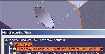 Machining direction of a recognized through feature can be reversed by right clicking that feature in Manufacturing View and selecting the Reverse Machining Direction contextual command.