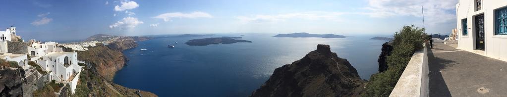 Santorini panorama from Imerovigli with view onto Skaros rock,