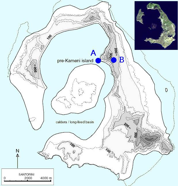 3b) (2 points) You see a contour map of the Greek island of Santorini. Point A is on the water ( elevation) Point B is Skaros rock, which used to be a fortification protecting merchants from pirates.